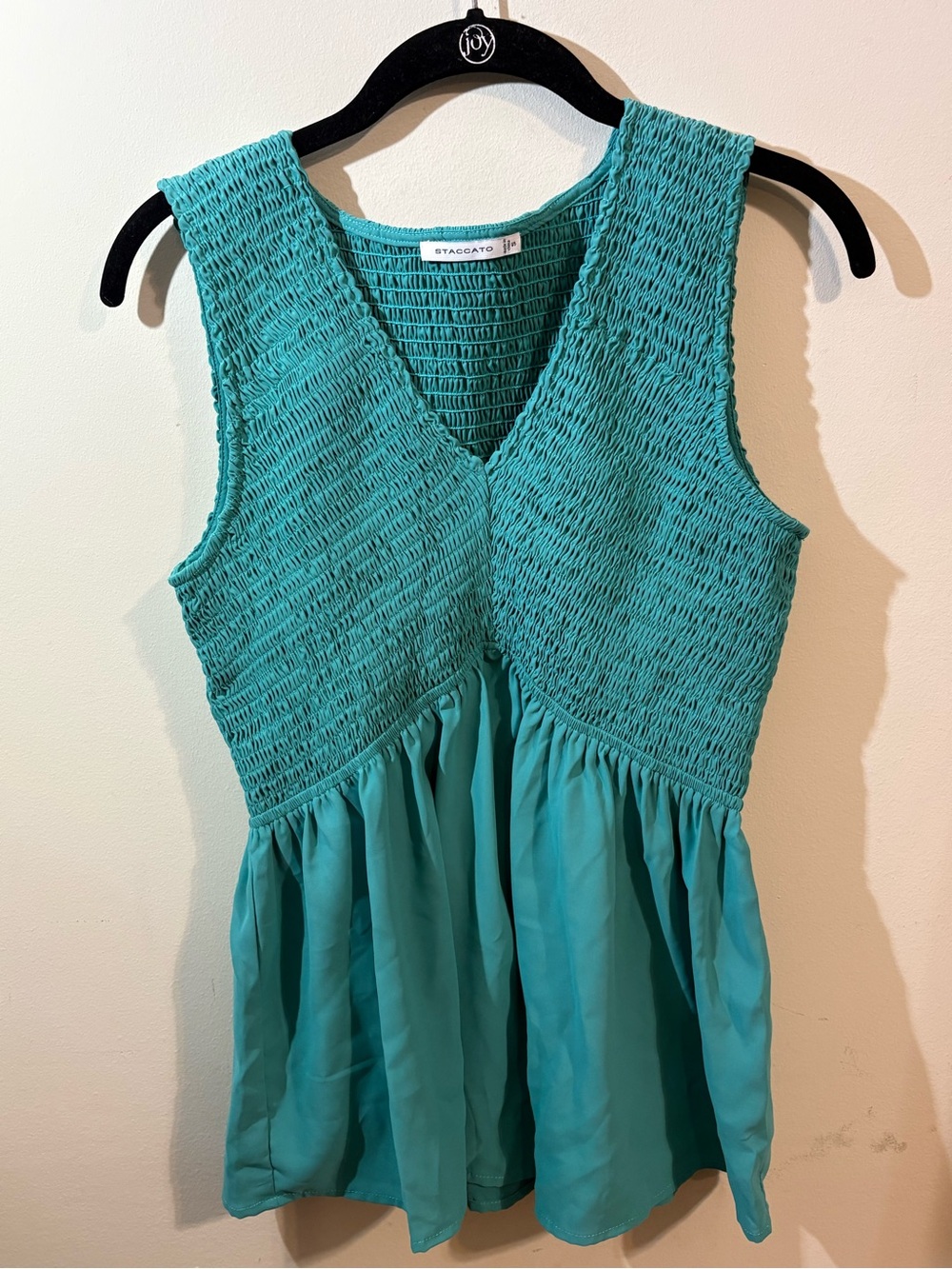 Staccato teal smocked top shirt women’s small V-neck sleeveless ruffled hem